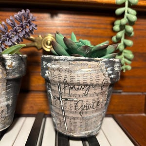 May include: Two small potted succulents, one with a black and white patterned pot with the text "Amazing Grace" and the other with a black and white patterned pot. The pots are sitting on a black and white piano keyboard.