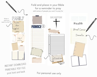 May include: Printable PDF file with a reminder to pray for family, finances, health, and salvation. The file includes lined pages for writing down prayer requests. The image shows a cross, a dollar sign, a heart, and a notebook.