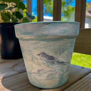 May include: A decorative, hand-painted terra cotta flower pot. The pot is light blue with a textured finish and a detailed illustration of a bird perched on a branch. A black pot is visible in the background.