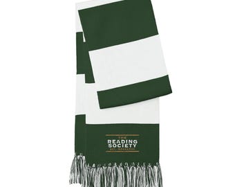 May include: A knitted scarf featuring wide horizontal stripes in dark green and white. The scarf has a fringed edge and displays the text "THE READING SOCIETY EST. MDCCCXIII" embroidered in white and gold on the bottom green stripe.