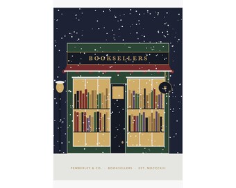 May include: A vertical poster featuring a dark blue background with white falling snow. A green bookstore storefront with two large windows displays shelves of colourful books. The text reads BOOKSELLERS and PEMBERLEY & CO. BOOKSELLERS - EST. MDCCCXIII.