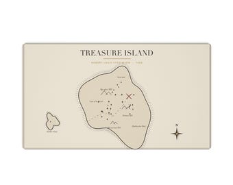 May include: A rectangular print featuring a map of Treasure Island by Robert Louis Stevenson, 1883. The cream-coloured background displays a central island outline with black text, mountain icons, tree symbols, and a red X marking a spot.