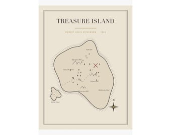 May include: A beige poster featuring a map of Treasure Island by Robert Louis Stevenson, 1883. The map displays labelled landmarks, small tree icons, a dashed path, and a red X marking a spot, all enclosed within a thin black border.