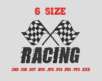 Könnte beinhalten: Gesticktes Design mit zwei gekreuzten karierten Rennflaggen über dem Wort "RACING" in einer verformten Schriftart. Der Text "6 SIZE" steht in Rot über den Flaggen. Unter dem Wort "RACING" befinden sich Dateierweiterungen.