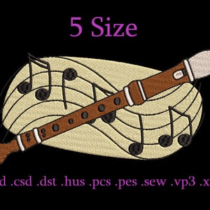 Puede incluir: Un diseño de bordado de una flauta dulce marrón sobre un fondo beige con notas musicales. El diseño está disponible en 5 tamaños y en los siguientes formatos: .cnd, .csd, .dst, .hus, .pcs, .pes, .sew, .vp3, .xxx.