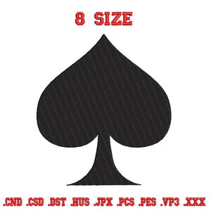 Könnte beinhalten: Ein schwarzes Pik-Symbol, ein Spielkartensymbol, ist auf weißem Hintergrund zentriert. Das Wort "8 SIZE" steht in Rot über dem Pik. Unter dem Pik befinden sich Dateityperweiterungen in Rot.