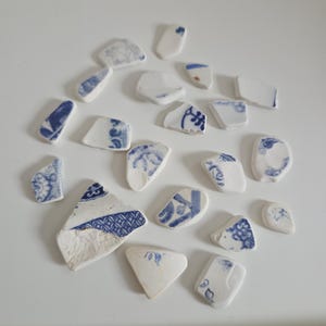 Puede incluir: Colección de fragmentos de cerámica blanca con diseños florales y geométricos azules. Las piezas varían en tamaño y forma, dispersas sobre una superficie blanca. Una regla amarilla con marcas de centímetros en la parte inferior.