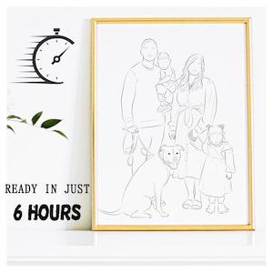 Custom Family Portrait, Family and Dog Line Art, Pet Portrait, Dog Drawing,Dog Outline Drawing,Dog Passing Away Gift,Couple and Dog Line Art