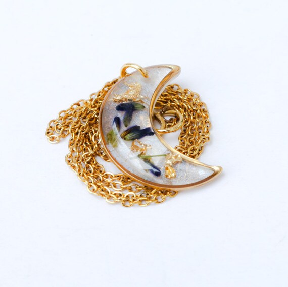 Golden Moon Necklace With Real Lavender Flowers and Gold