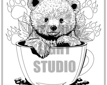 May include: Black and white line art illustration of a bear cub sitting in a teacup. The bear cub is looking at the viewer with a cute expression. There are paw prints and leaves around the teacup.