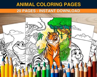 Puede incluir: Un conjunto de 20 páginas para colorear imprimibles con varios animales, incluyendo una cebra, un cocodrilo, un tigre y una tortuga. Las páginas son en blanco y negro y están listas para ser coloreadas.