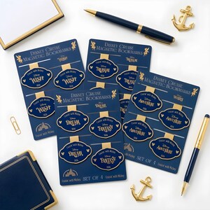 May include: Three sets of Disney Cruise magnetic bookmarks on dark blue backing cards. Each set features four oval-shaped bookmarks with gold text reading Disney Wish, Disney Dream, Disney Fantasy, or Disney Adventure, plus Cruisin' with Mickey.