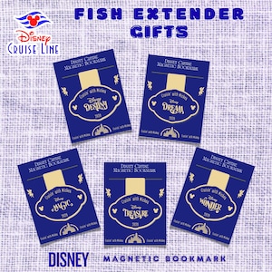 May include: Five Disney Cruise Line magnetic bookmarks. Each navy blue bookmark features a gold accent and the words "Cruisin' with Mickey" and a ship name: Destiny, Dream, Magic, Treasure, and Wonder. The text "2020" is also visible.