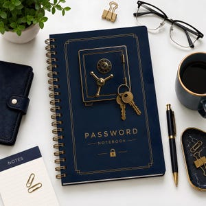 May include: A dark blue spiral-bound password notebook featuring a gold-colored illustration of a safe with a dial and two keys. The cover includes the text PASSWORD NOTEBOOK and a small padlock icon, surrounded by a thin gold rectangular border.