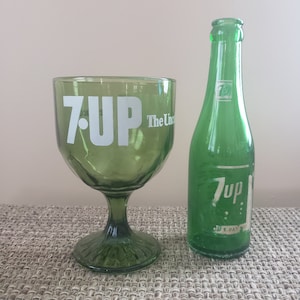 7-Up Green Glass Goblet and Glass Soda Bottle Bundle Vintage