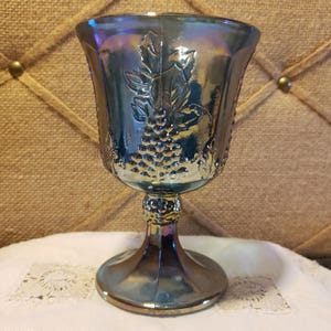Indiana Iridescent Blue Carnival Glass Harvest Grape Goblet