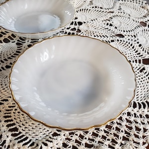 Anchor Hocking Fire King White Milk Glass Swirl Bowl with Gold Trim Set of 2 Salad, Cereal, Soup Bowls 7.5&quot;