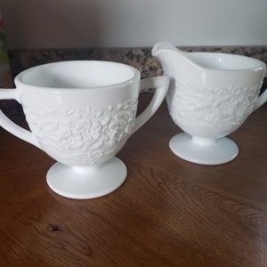 Indiana Glass Orange Blossom Milk Glass Sugar and Creamer Set