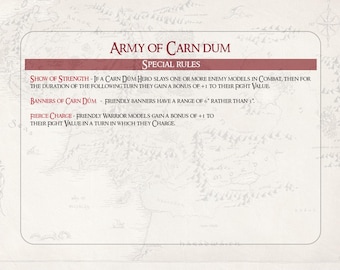 Può includere: Una carta bianca con testo nero che delinea le regole speciali per l'esercito di Carn Dum in un gioco da tavolo di guerra. Le regole includono "Show of Strength", "Banners of Carn Dum" e "Fierce Charge".