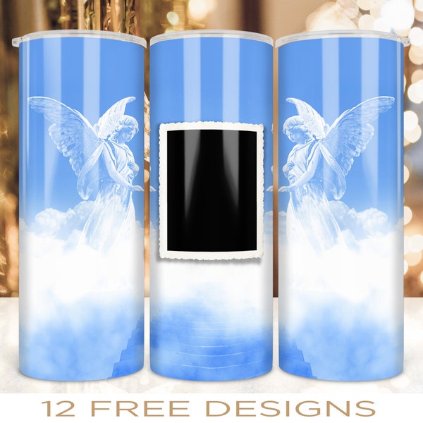20 oz Skinny Photo Memorial Tumbler Wrap Sublimation Angels Design Straight and Warped Seamless PNG Instant Digital Download
