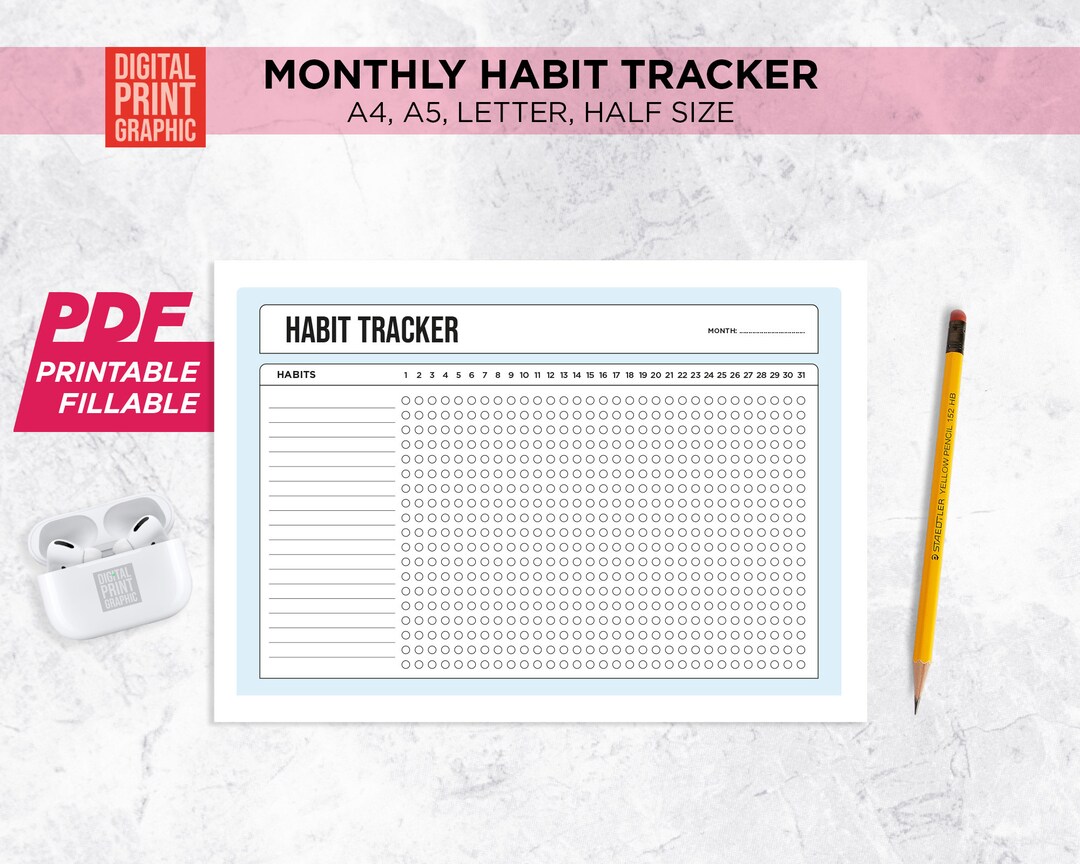 Printable Monthly Habit Tracker Editable PDF 30 Day Organizer A4, A5 ...