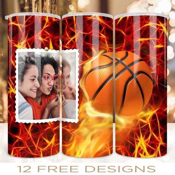 20oz Skinny Photo Tumbler Wrap Sublimation Basketball Design Straight and Warped Seamless PNG Instant Digital Download