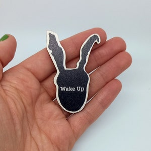 Donnie Darko Movie pin | Wake Up | Minimalist Movie FSC wood pin badge - White background