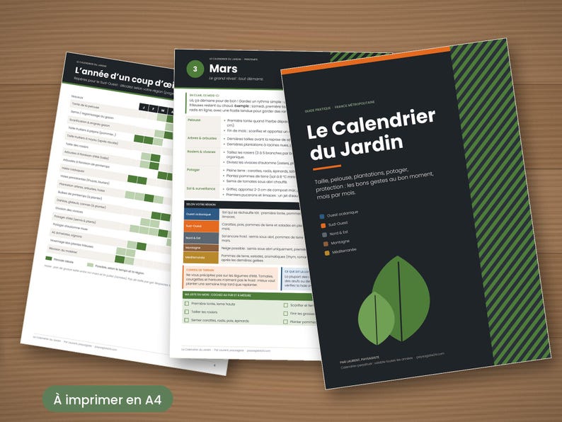 May include: A printed gardening calendar titled Le Calendrier du Jardin with a dark cover featuring green leaf icons. The document includes detailed monthly planting charts, seasonal guides, and task lists for various vegetable crops and garden maintenance.