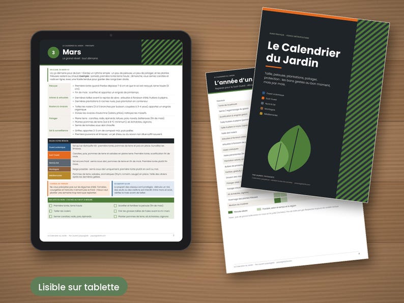 May include: A digital tablet displaying a gardening calendar for March alongside two printed pages titled Le Calendrier du Jardin, featuring dark gray backgrounds, green diagonal stripes, and leaf illustrations with French text.
