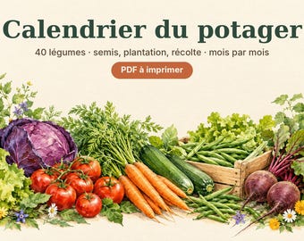 May include: A vegetable garden calendar with the text "Calendrier du potager", "40 légumes · semis, plantation, récolte · mois par mois", and "PDF à imprimer". The illustration features red tomatoes, orange carrots, green zucchini, green beans, purple cabbage, and beets.