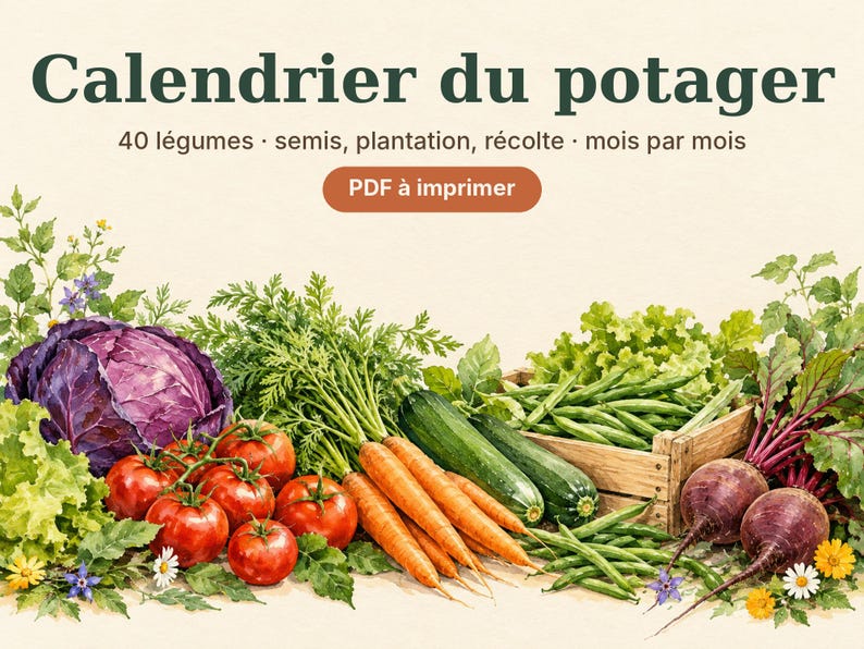 May include: A vegetable garden calendar with the text "Calendrier du potager", "40 l&eacute;gumes &middot; semis, plantation, r&eacute;colte &middot; mois par mois", and "PDF &agrave; imprimer". The illustration features red tomatoes, orange carrots, green zucchini, green beans, purple cabbage, and beets.