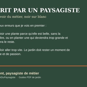 May include: A dark green informational graphic with white text titled &Eacute;CRIT PAR UN PAYSAGISTE. It lists two common gardening errors regarding plant selection and pacing, followed by the author name Laurent and the website LeCarnetDuPaysagiste.
