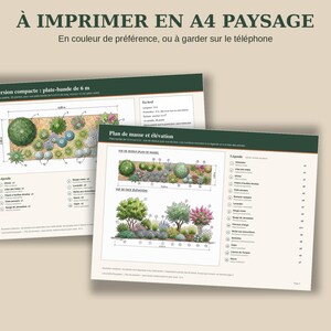 May include: Two printed A4 landscape documents featuring garden design plans. The sheets display top-down and elevation views of a 6-meter flower bed, including detailed plant legends, numbered diagrams, and text in French describing layout specifications.