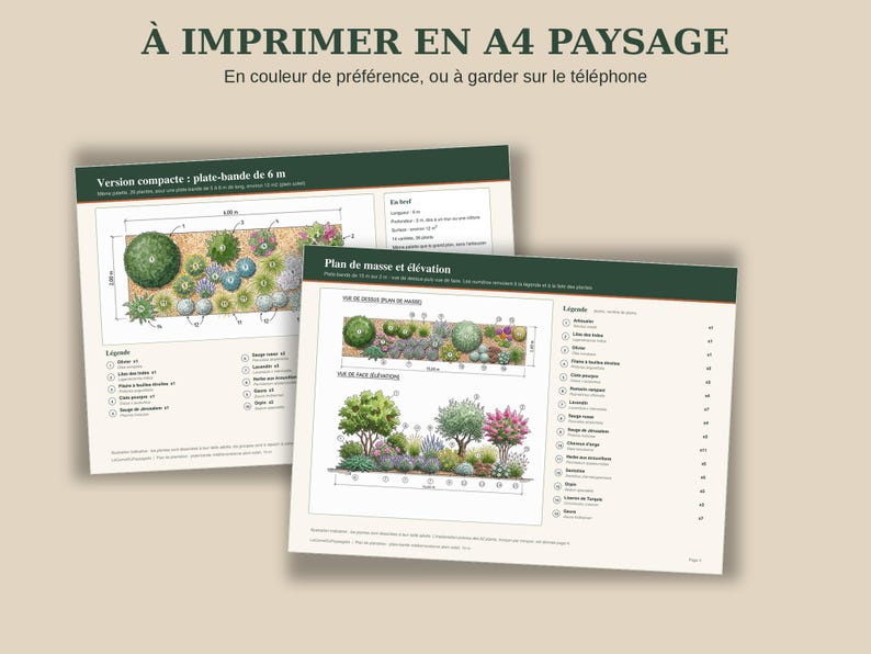 May include: Two printed A4 landscape documents featuring garden design plans. The sheets display top-down and elevation views of a 6-meter flower bed, including detailed plant legends, numbered diagrams, and text in French describing layout specifications.