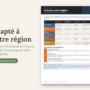 May include: A gardening guide page titled "Trouvez votre r&eacute;gion" featuring a table of five French climate zones, color-coded rows, and a section titled "Trois rep&egrave;res qui ne trompent pas" with numbered tips for seasonal planting and garden maintenance.