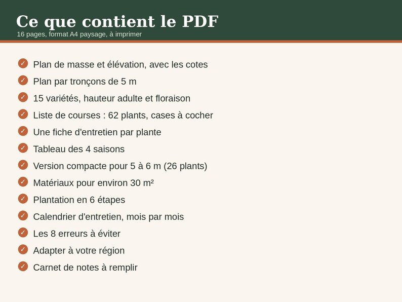 May include: A digital document titled Ce que contient le PDF, featuring a list of 13 items marked with orange checkmarks. The content includes site plans, plant varieties, maintenance schedules, a shopping list, and a notes section.