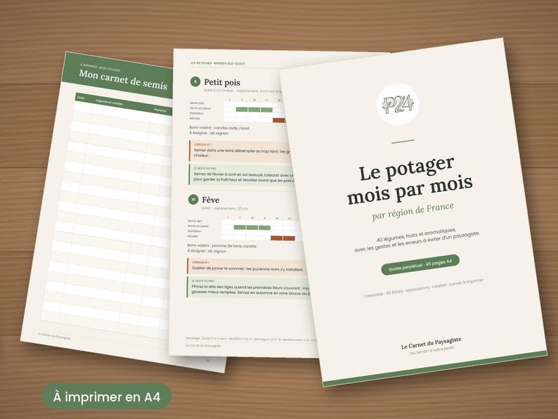 May include: A set of printable A4 gardening guide pages featuring a cover titled Le potager mois par mois, a page for Petit pois and F&egrave;ve planting details, and a Mon carnet de semis tracking sheet with green and cream color accents.