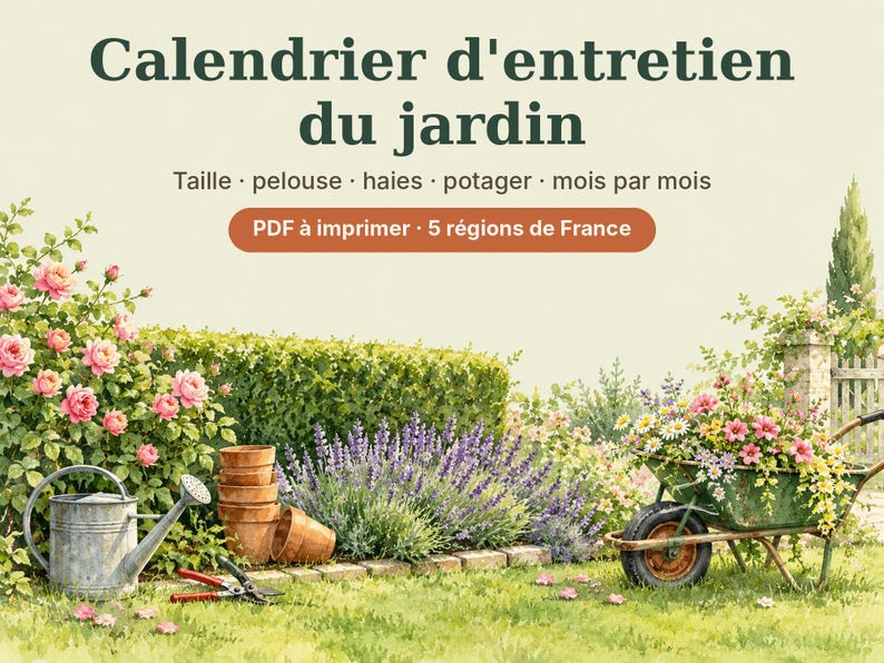 May include: A garden maintenance calendar with the text Calendrier d'entretien du jardin, Taille, pelouse, haies, potager, mois par mois, and PDF &agrave; imprimer, 5 r&eacute;gions de France. The scene features a metal watering can, terracotta pots, and a wheelbarrow.