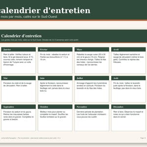 May include: A monthly garden maintenance calendar printed on a white sheet with dark green headers. The grid displays French text for each month from January to December, detailing specific gardening tasks, plant care, and seasonal instructions.