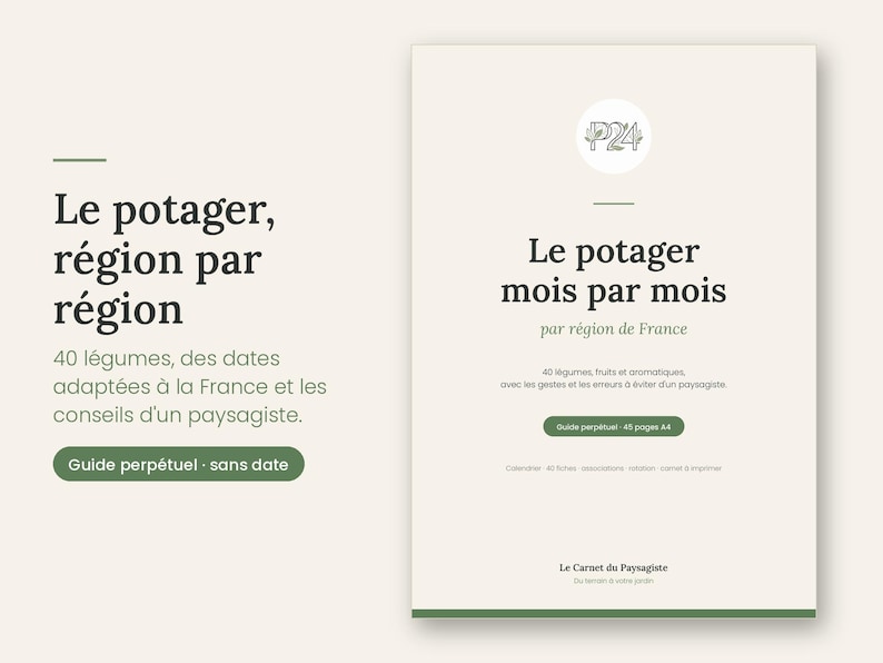 May include: A gardening guide titled Le potager, r&eacute;gion par r&eacute;gion, featuring 40 vegetables with dates adapted to France and landscaping advice. The document includes a perpetual guide, 40 pages in A4 format, and a P24 logo on a cream background.