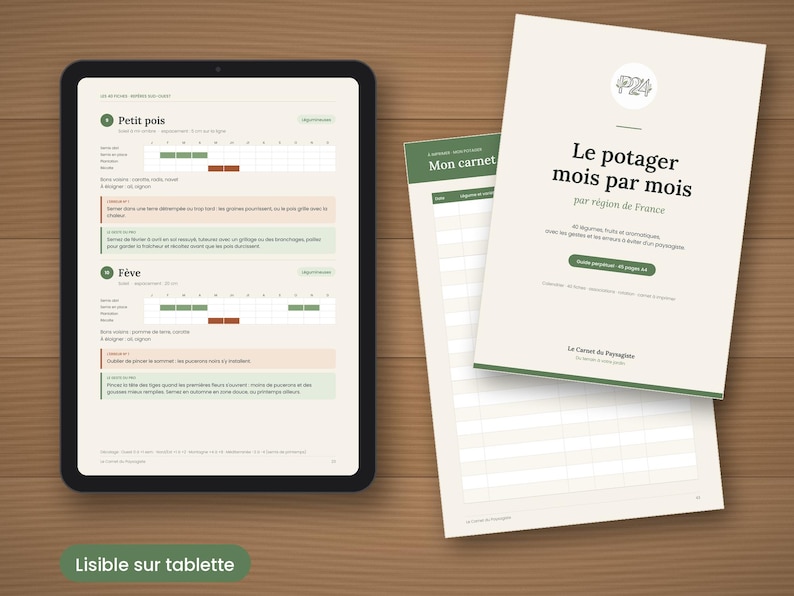 May include: A digital tablet displaying a gardening guide titled Petit pois and F&egrave;ve, alongside two printed booklets titled Le potager mois par mois and Mon carnet. The documents feature text in French, planting calendars, and green accents on a wooden surface.
