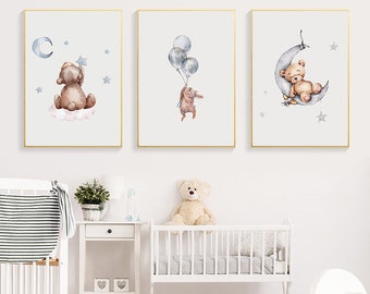 Child Poster Baby Neutral Nursery Wall Art Print Bear Bunny Woodland Animal Canvas Painting Picture Nordic Kids Baby Bedroom Decoration