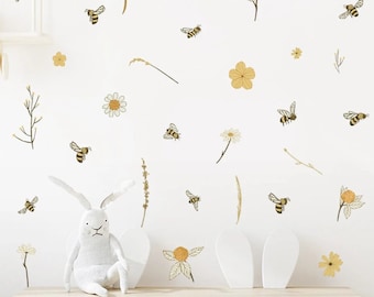 Stickers muraux abeilles | Décoration murale | murales Abeilles | Stickers muraux réutilisables en tissu respectueux de l'environnement | Stickers muraux fleurs | Décor d'abeille