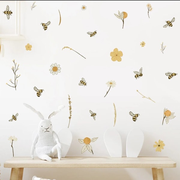 Stickers muraux abeilles | Décoration murale | murales Abeilles | Stickers muraux réutilisables en tissu respectueux de l'environnement | Stickers muraux fleurs | Décor d'abeille