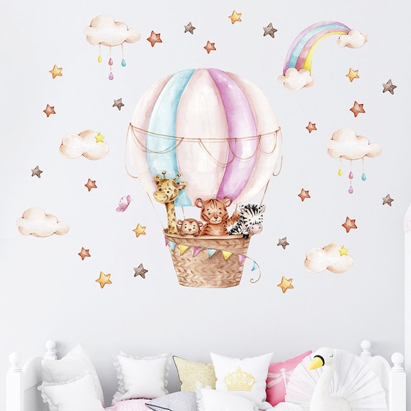 Watercolour Girls Room Hot Air Balloon Wall Stickers for Baby Nursery Room Decals Baby Girls Bears Cartoon Animals Kids Stickers