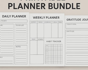 Op de afbeelding: Een afdrukbare plannerbundel met een dagplanner, weekplanner en dankbaarheidsdagboek. De dagplanner bevat een takenlijst en een notitiesectie. De weekplanner heeft ruimte voor elke dag en een gewoontetracker. Het dankbaarheidsdagboek biedt ruimte voor doelen en dankbaarheid.