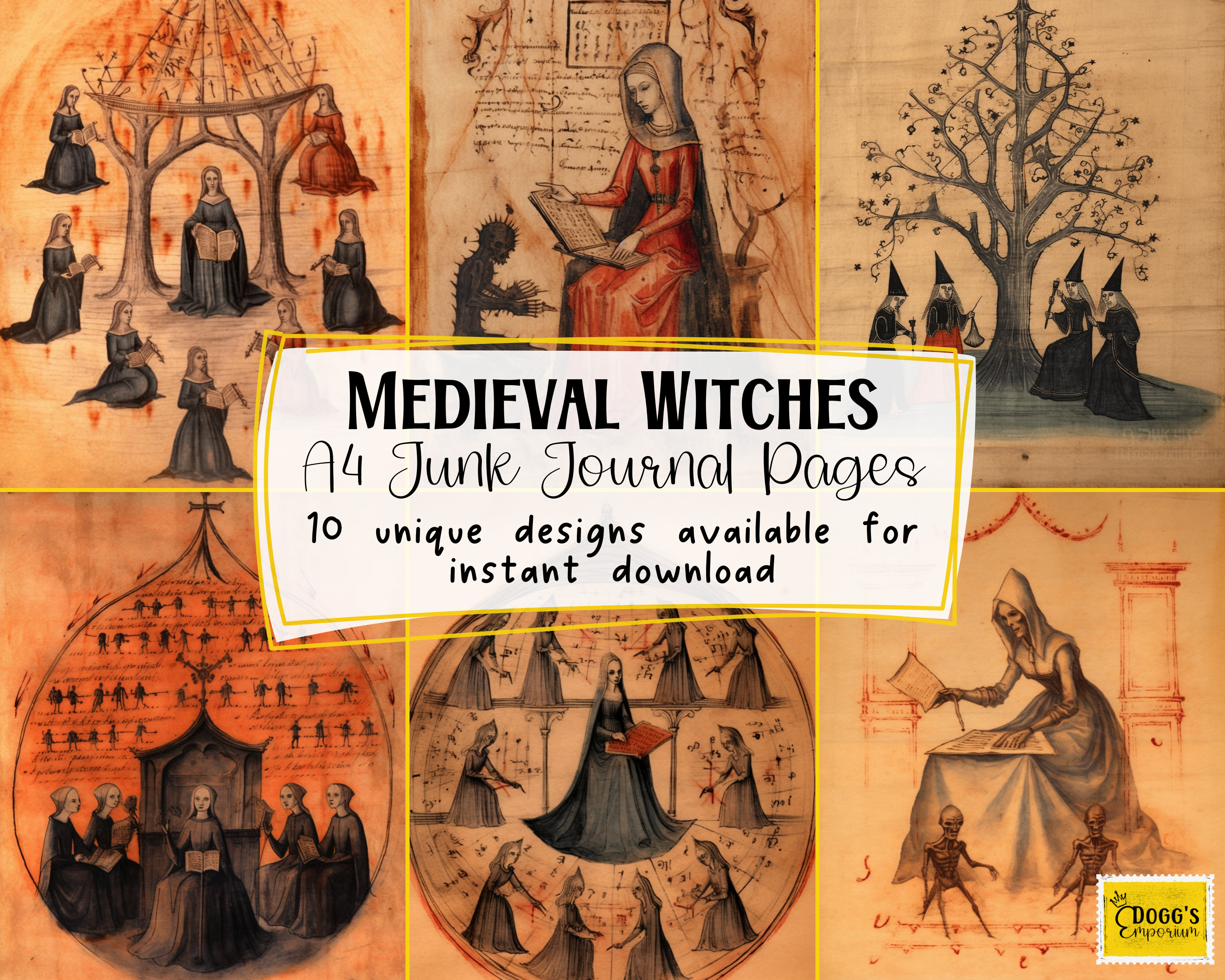 Witches Medieval Illustrations A4 Digital Papers Vintage Junk Journal Scrapbooking Printable ...
