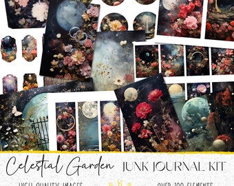 Celestial Garden Junk Journal Kit met dubbele en halve pagina's, bladwijzers, tags ATC-kaarten, enveloppen en meer! Download CelestialJournal-papieren!