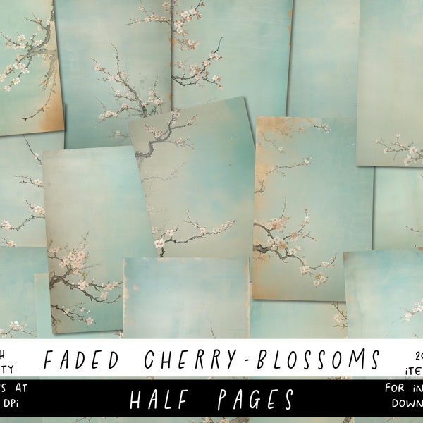 Vintage-Chic Junk Journal Pages: Set of 20 Half Pages with Faded Cherry-Blossom Images via INSTANT Download! Personal and Commercial Use!