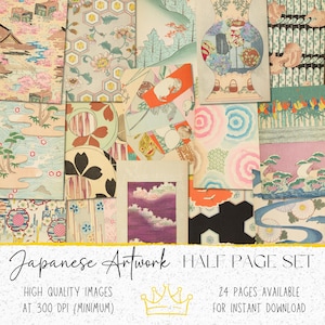 Vintage Japanese Half Page Set for Junk Journals: 24 Colorful Printable Papers via Instant Download! Personal and Commercial Use!